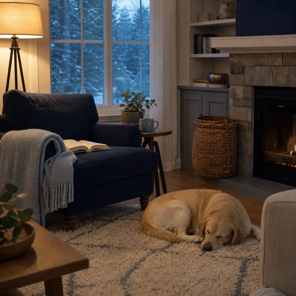 A dimly lit living room with a navy armchair, gray throw blanket, open book, lit floor lamp, stone fireplace with flames, woven basket, and a light-colored dog sleeping on a textured rug, with snowy conifers visible through the window.