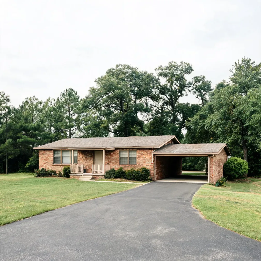 A single-story brick ranch house with a shingled roof, small covered porch and attached open carport, fronted by an asphalt driveway, mown lawn and tall deciduous trees under an overcast sky.