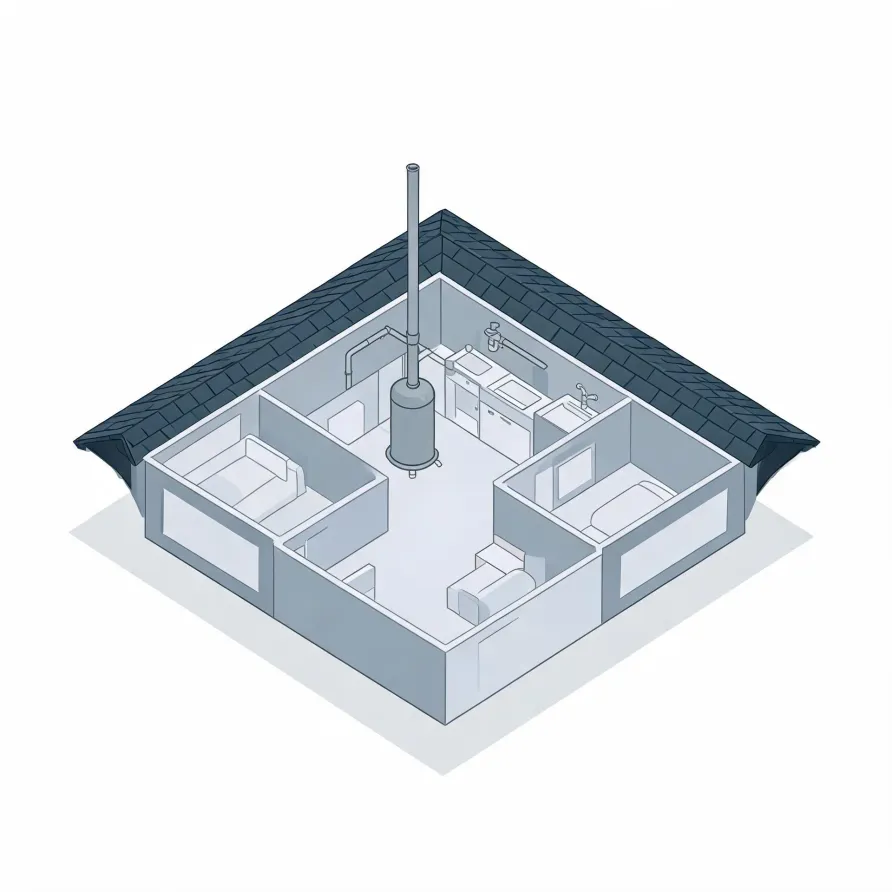 Isometric cutaway illustration of a single-story house interior showing rooms with a sofa, kitchen counter, bathtub and a cylindrical water heater with a tall vent pipe rising through the roof.