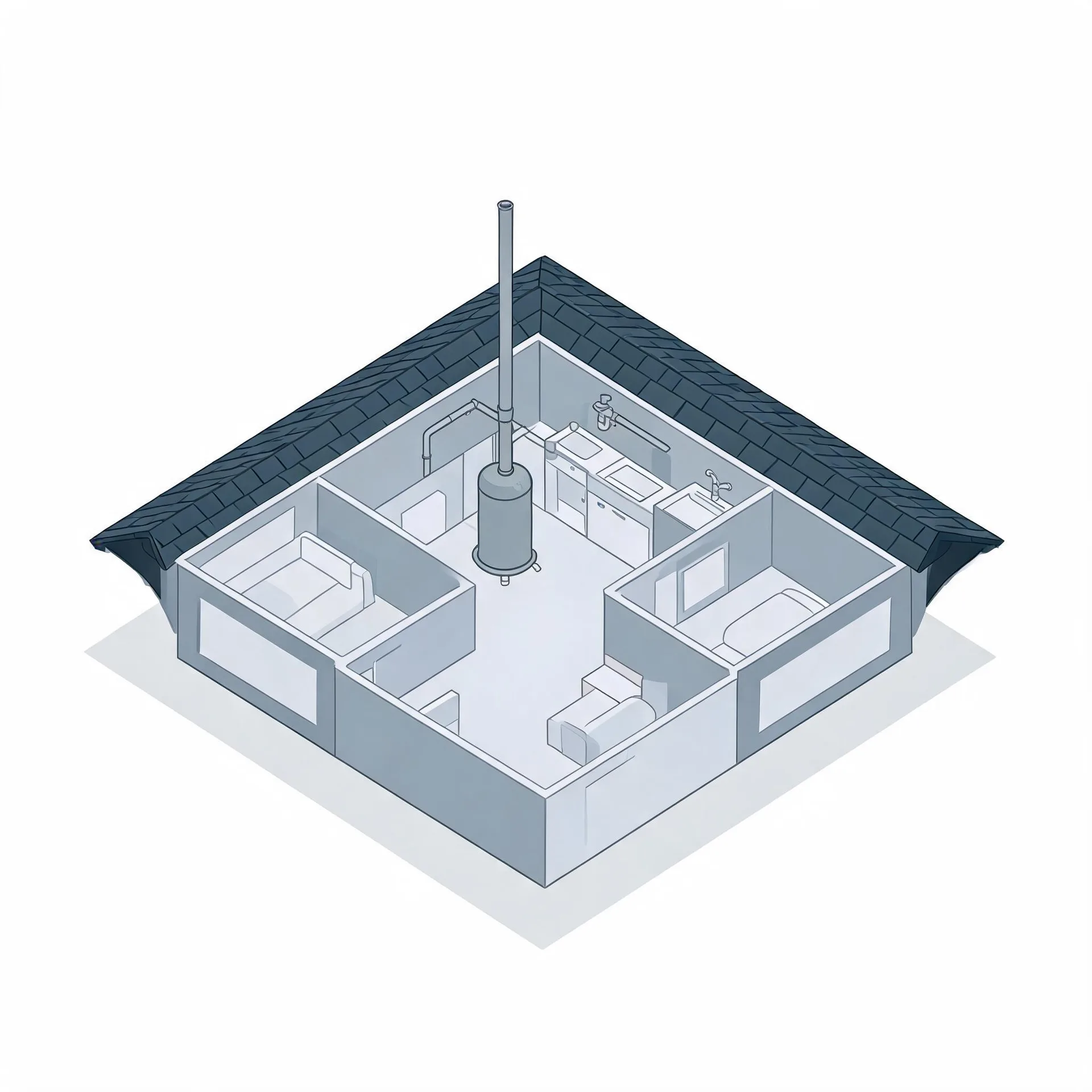 Isometric cutaway illustration of a single-story house interior showing rooms with a sofa, kitchen counter, bathtub and a cylindrical water heater with a tall vent pipe rising through the roof.