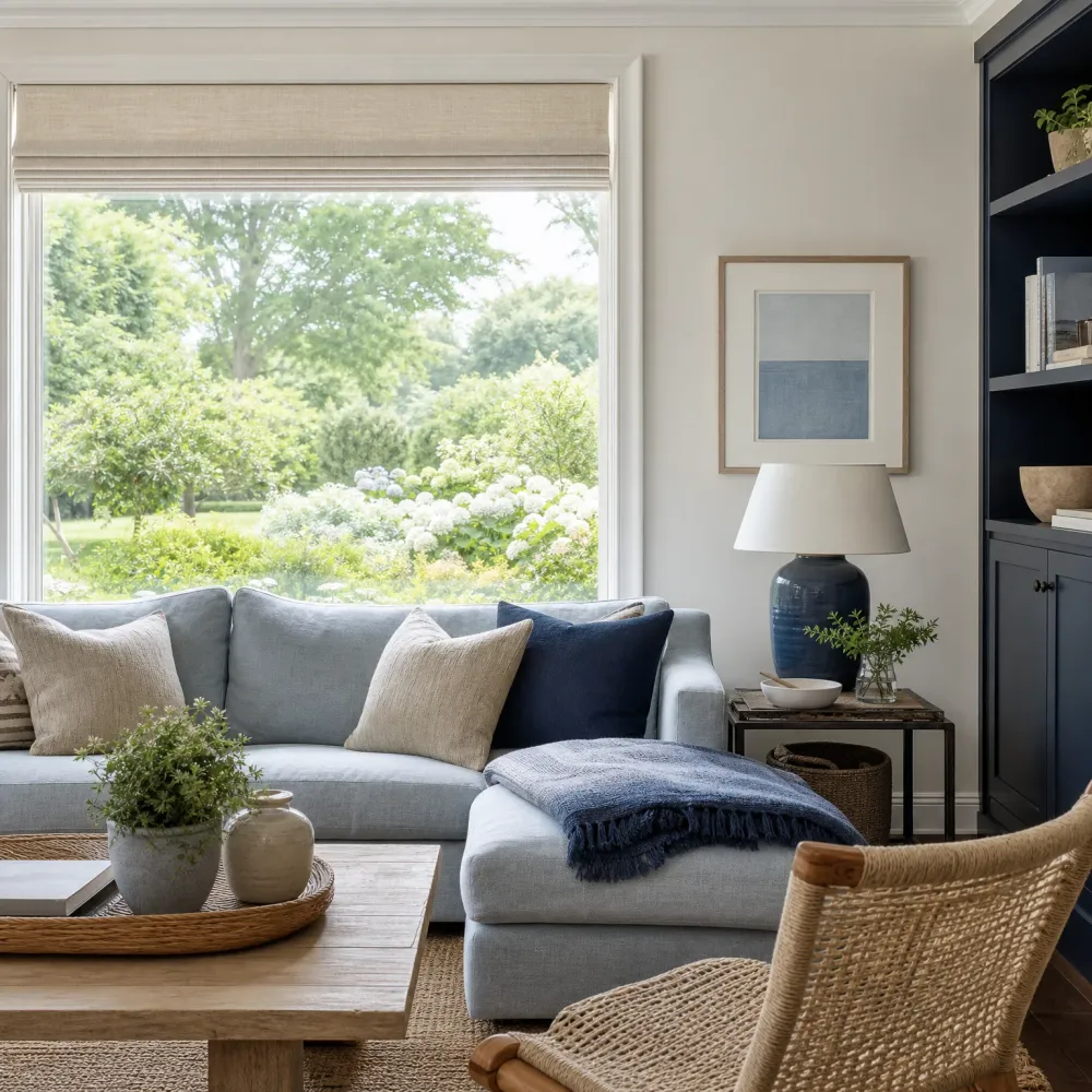 Living room with a light blue sectional sofa, linen and navy pillows, a wooden coffee table with potted plants, a large window with a beige roman shade overlooking green trees and flowering shrubs, a navy built-in bookshelf, a blue ceramic table lamp, and a woven chair in the foreground.