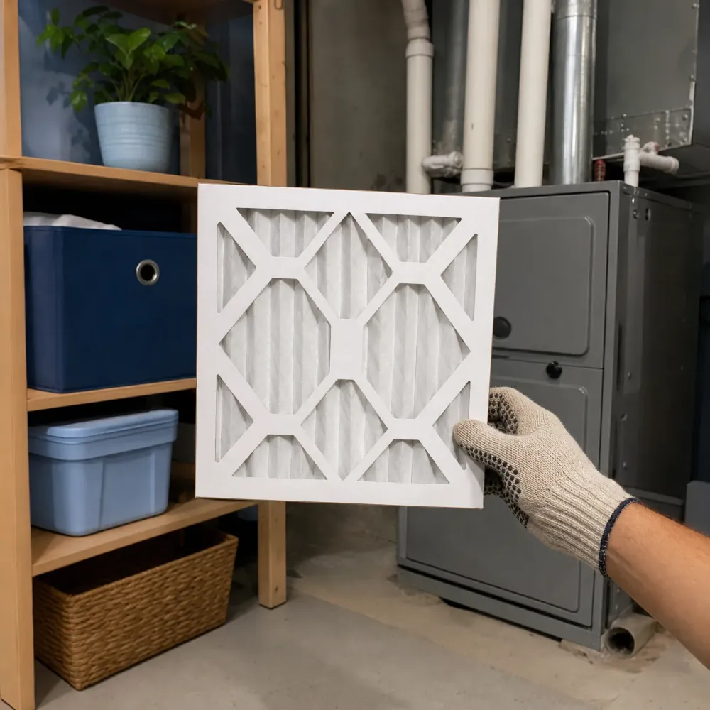 A gloved hand holds a square pleated air filter in front of a gray furnace in a basement, beside a wooden shelf with storage bins and a potted plant.