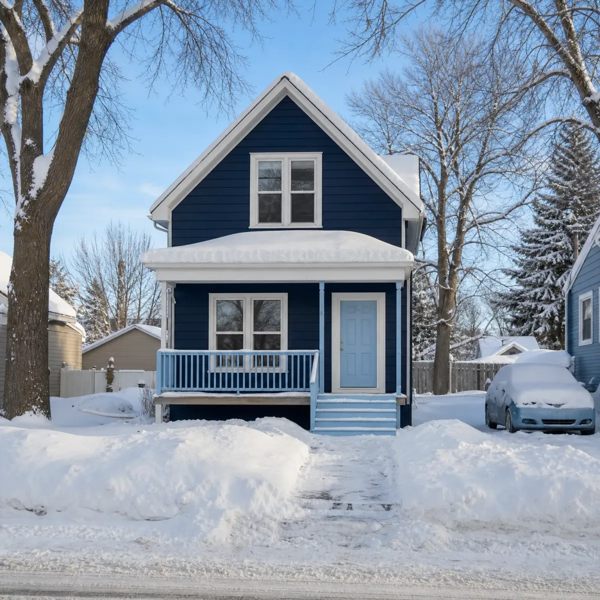 A two-story dark blue house with a covered front porch, light blue door and railing, surrounded by deep snow, with a shoveled path to the street and a snow-covered car parked beside it.