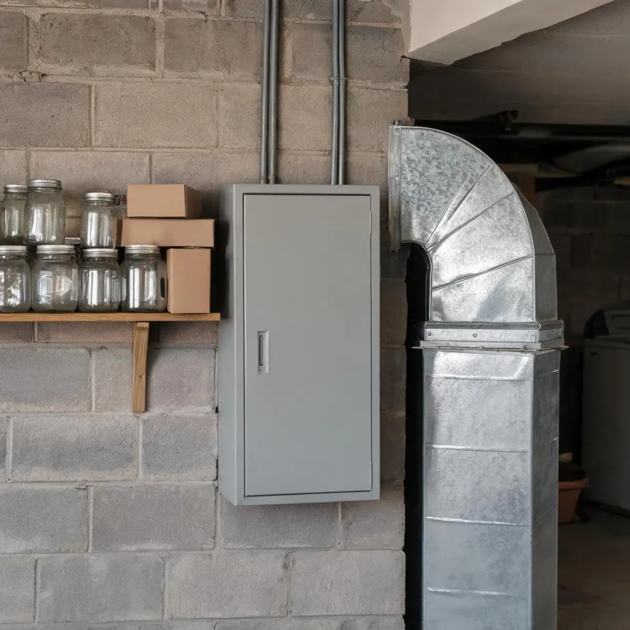 A concrete block basement wall with a gray metal electrical panel cabinet, conduit pipes running to the ceiling, a wooden shelf holding glass jars and cardboard boxes, and a large galvanized sheet metal duct with an elbow bend at right.