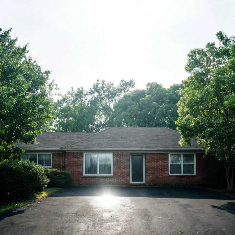 Single-story red brick house with a gray shingled roof, white-framed windows and a glass front door, fronted by a large asphalt driveway with sun glare, surrounded by green trees and shrubs.