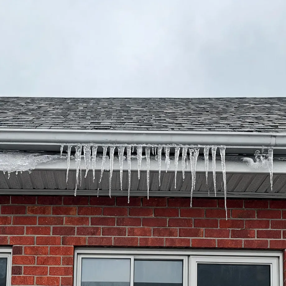 Icicles hanging from a white gutter along the edge of an asphalt-shingle roof on a red brick house, with a window below and overcast sky above.