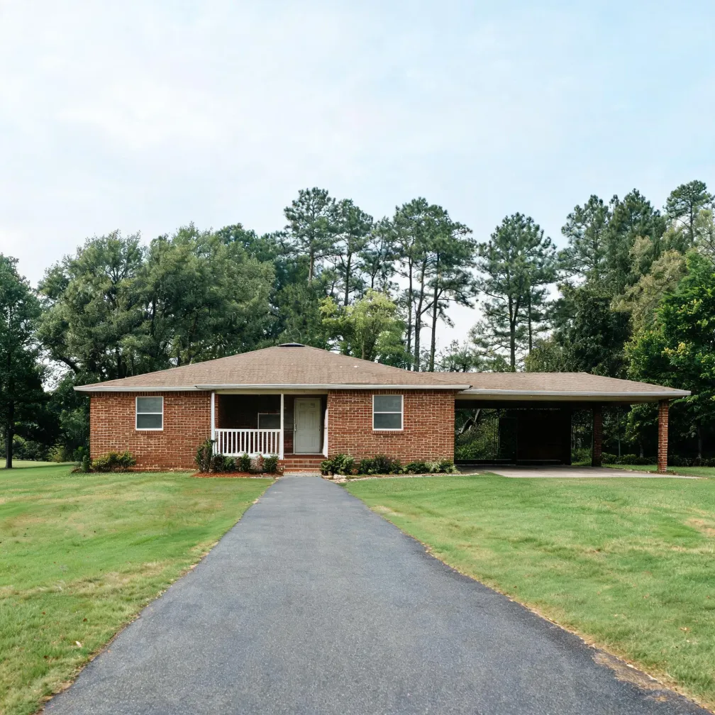 A single-story red brick ranch house with a brown hipped shingle roof, small front porch, attached carport on the right, an asphalt driveway leading to it, mown lawn, and tall pine and deciduous trees behind.