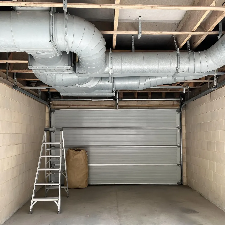 Interior of an empty single-car garage with concrete block walls, a closed sectional metal door, exposed wooden ceiling joists with large galvanized ductwork, an aluminum step ladder and a brown paper sack on the floor.