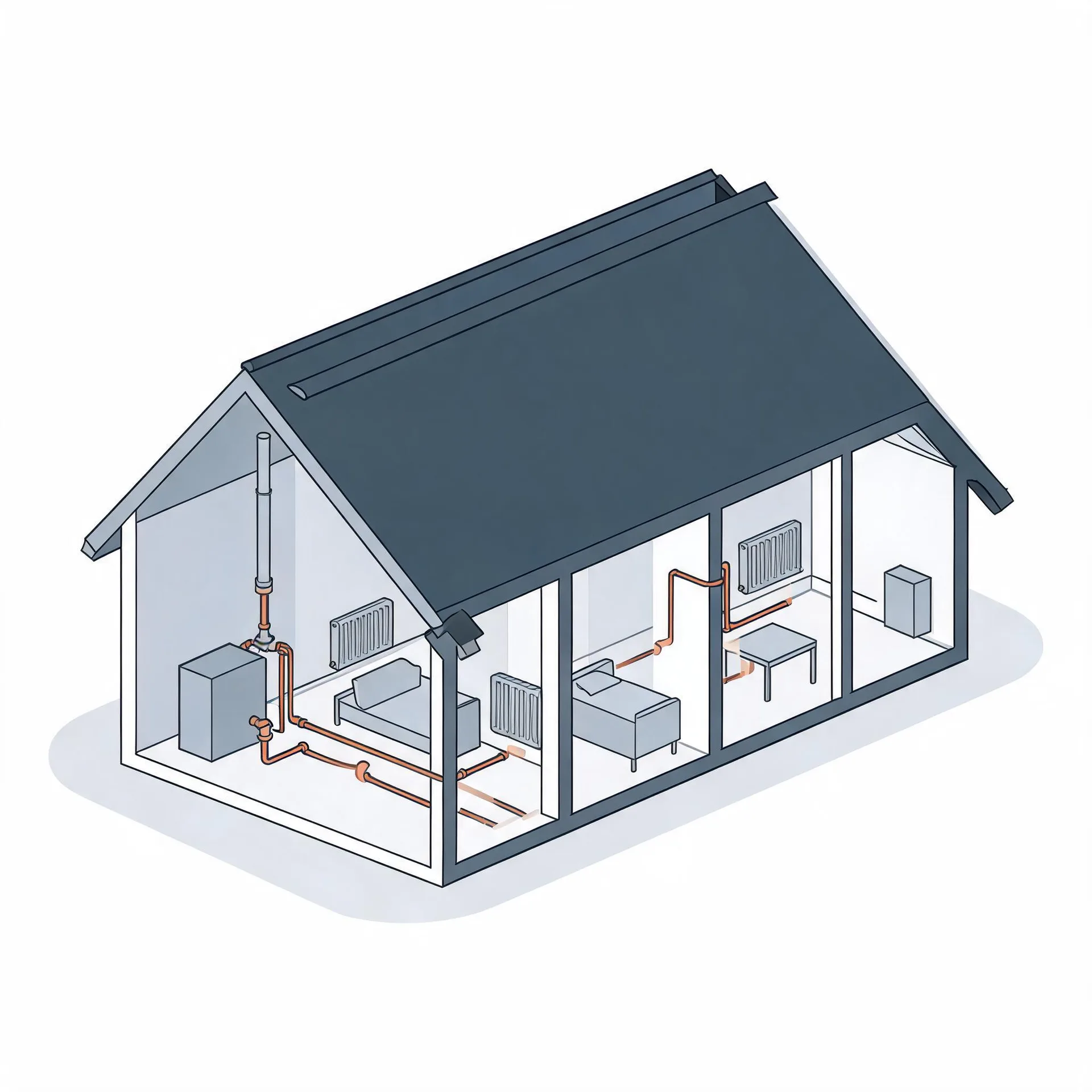 Isometric cutaway illustration of a small gabled house showing a boiler with flue, copper pipework running to radiators, and simple furniture in three interior rooms.