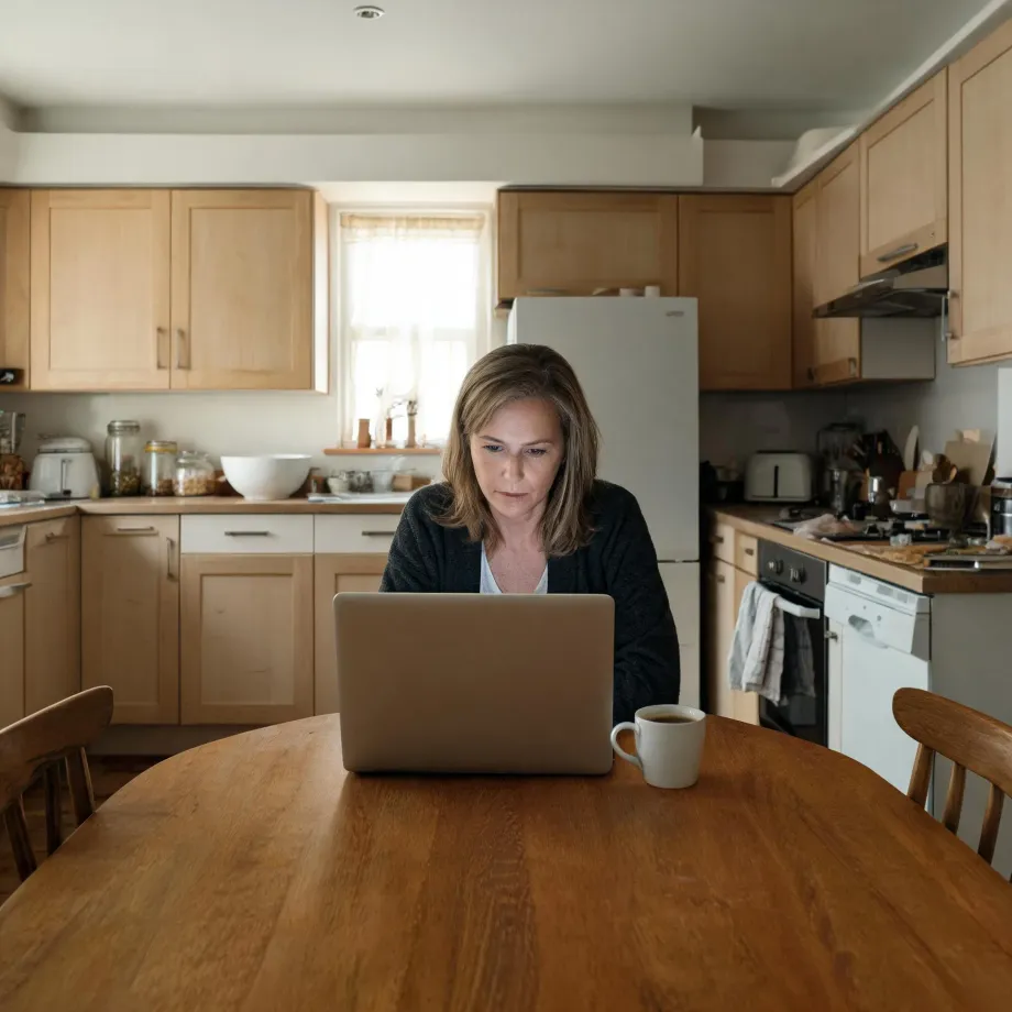 A woman in a dark cardigan sits at a round wooden table using a laptop, with a white mug beside her, in a kitchen with light wood cabinets, a white refrigerator and a stove.