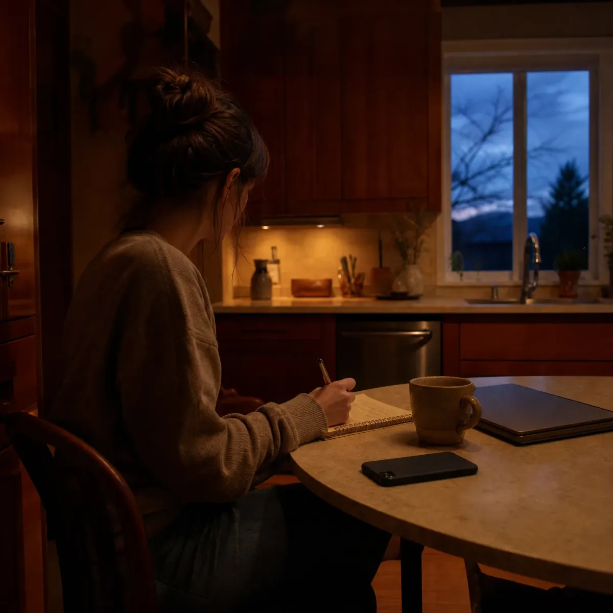 A woman with her hair in a bun sits at a round kitchen table at dusk writing in a notebook, with a mug, phone and closed laptop nearby and a window showing bare branches and distant hills.