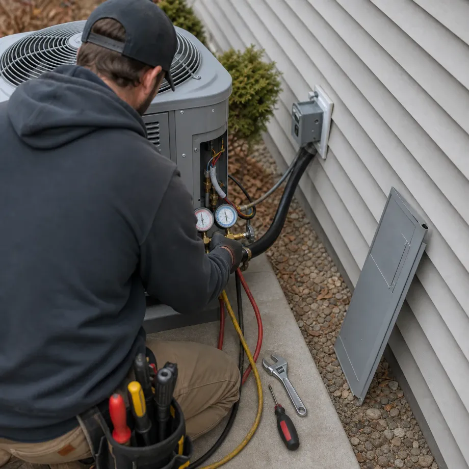 A person in a dark hooded sweatshirt and cap kneels beside an outdoor air conditioning condenser unit with its access panel removed, using a refrigerant manifold gauge set, with an adjustable wrench and screwdriver on the concrete pad and the removed panel leaning against the siding.