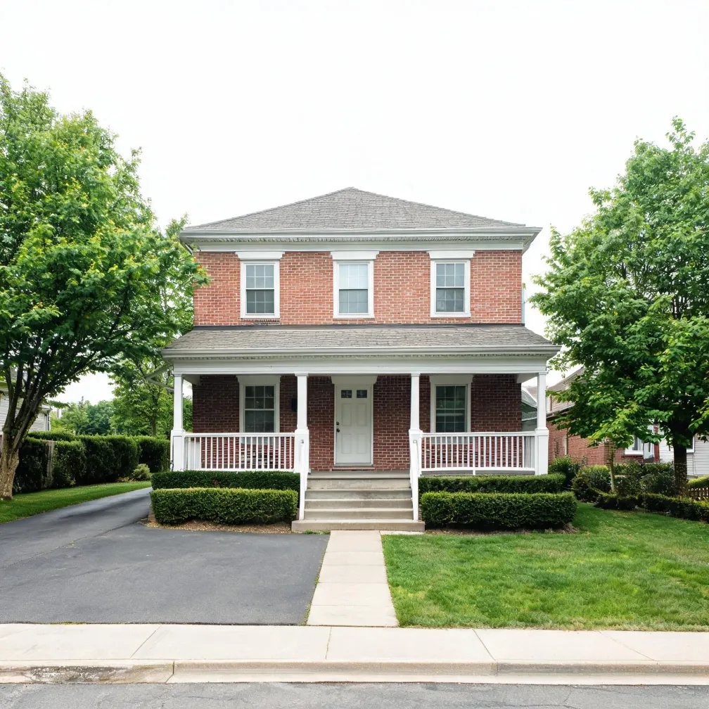 A two-story red brick house with a white covered front porch, white-trimmed windows, and a hipped gray roof, set behind a clipped hedge, lawn, concrete walkway, and asphalt driveway, with green deciduous trees on both sides.