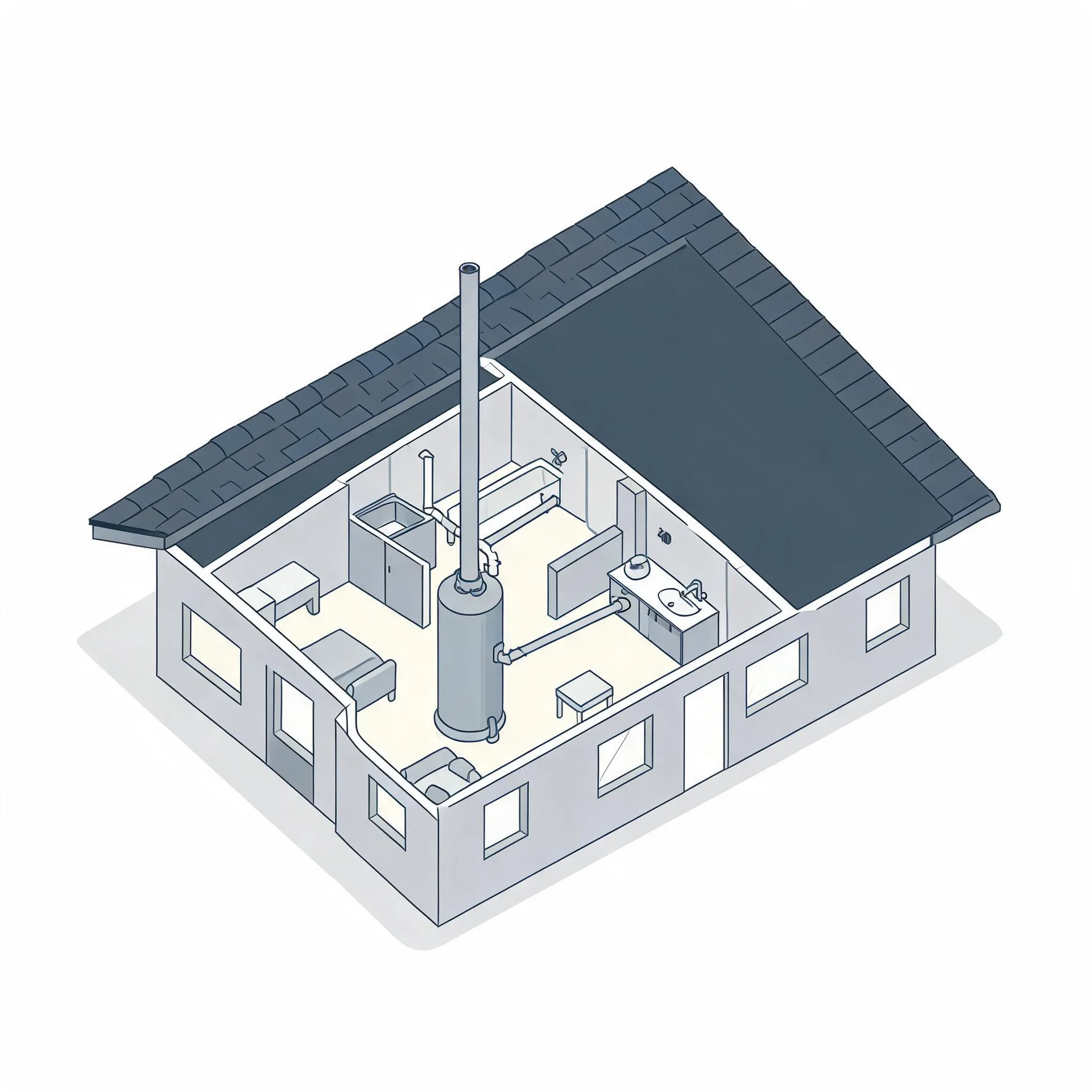 Isometric cutaway illustration of a small single-story house with a dark shingled roof, showing an interior with a tall cylindrical water heater and flue pipe, sink cabinets, a bathroom vanity, and simple furniture.