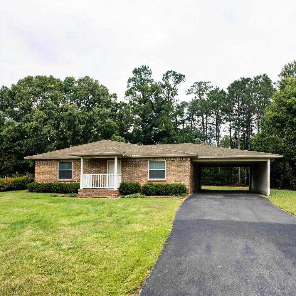 Single-story brick house with a shingled roof, small covered front porch, and attached carport, with an asphalt driveway, mowed lawn, and tall trees behind it under an overcast sky.