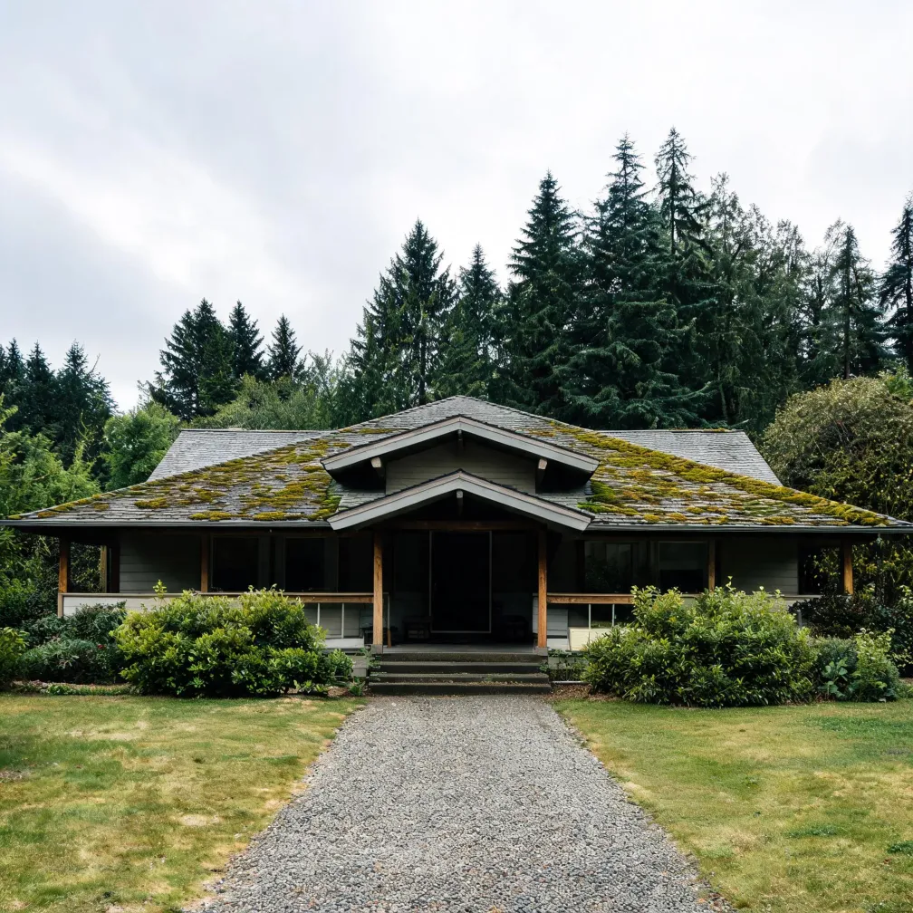 A single-story house with wide overhanging eaves and a moss-covered shingle roof, fronted by a gravel path, lawn and low shrubs, with tall conifers behind under an overcast sky.