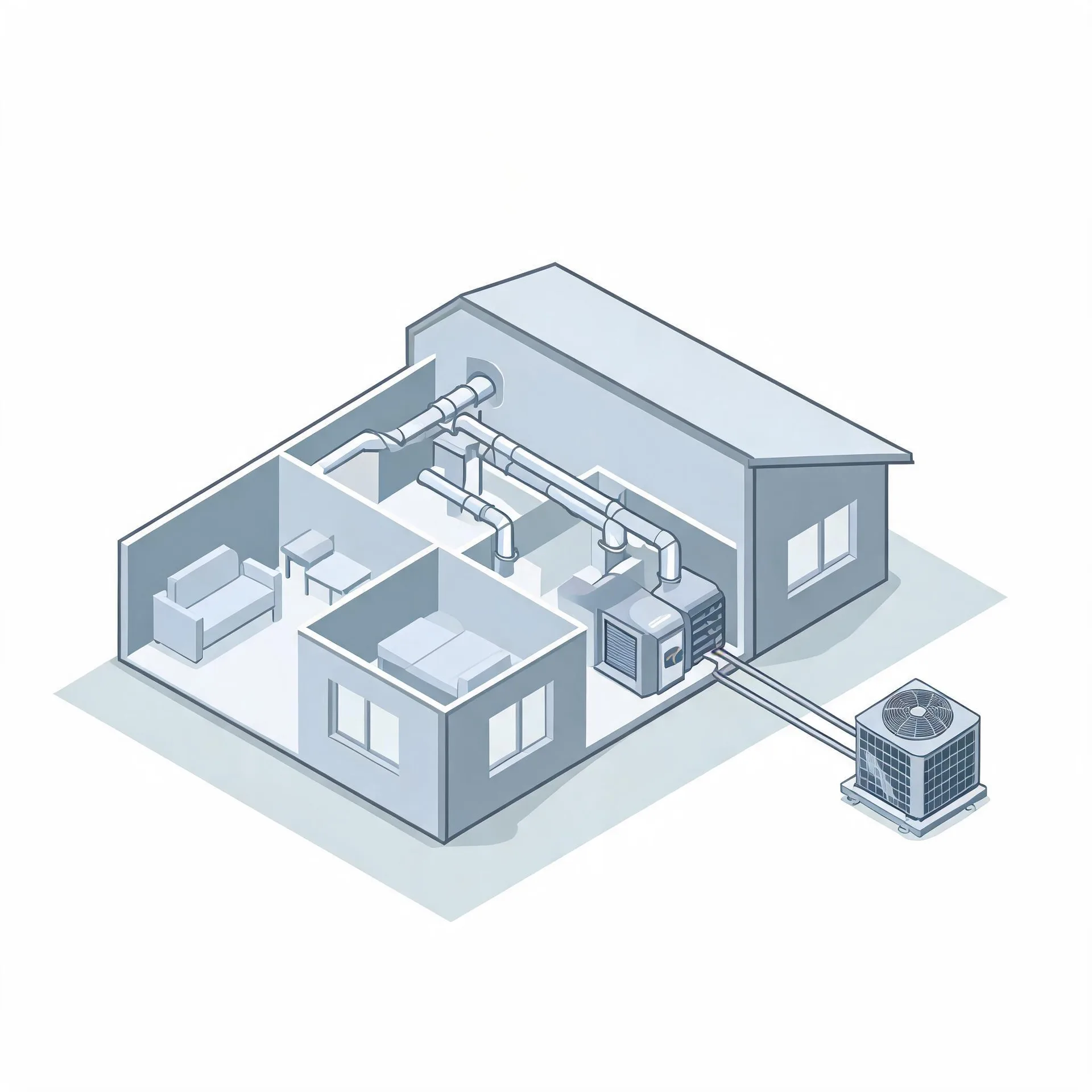Isometric line illustration of a cutaway house showing interior rooms with furniture, ductwork leading to an indoor air handler, and an outdoor condenser unit connected by a line set.