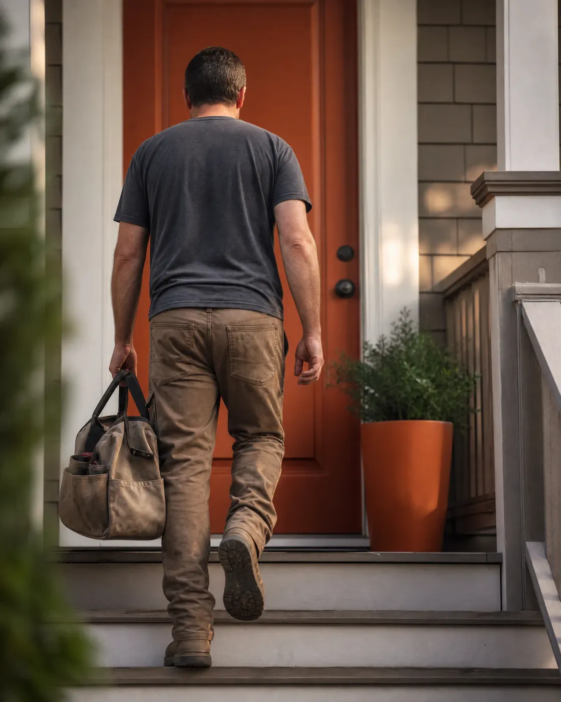A man in a gray T-shirt and tan work pants, carrying a canvas tool bag, climbs porch steps toward an orange front door beside a potted shrub.