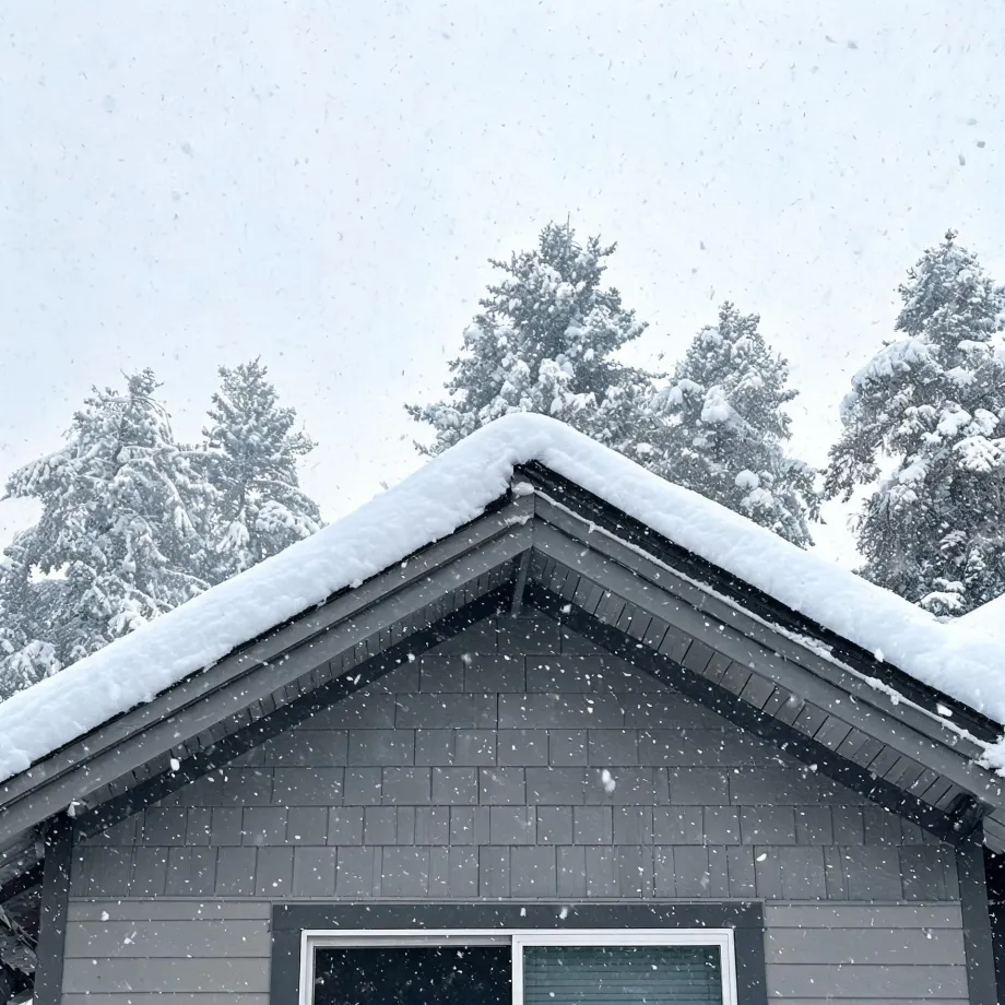 Snow-covered gable roof and shingled gray siding of a house during falling snow, with snow-laden conifer trees and pale sky behind.
