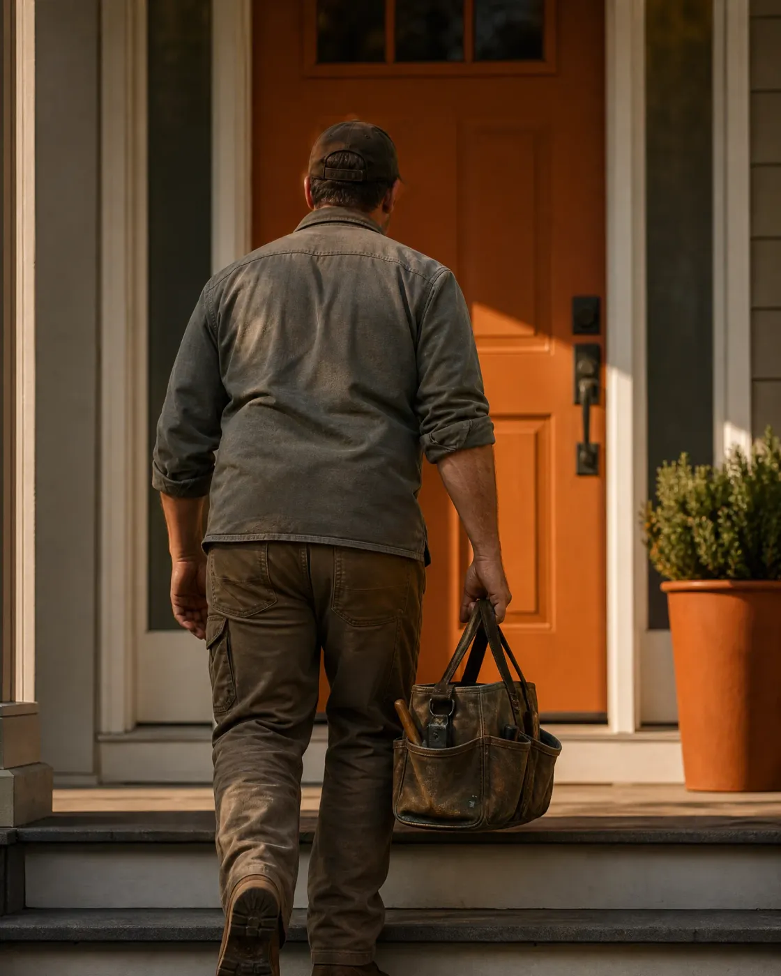 A man in a cap, worn gray shirt and brown work pants, seen from behind, carries a leather tool bag up steps toward an orange front door beside a potted shrub.