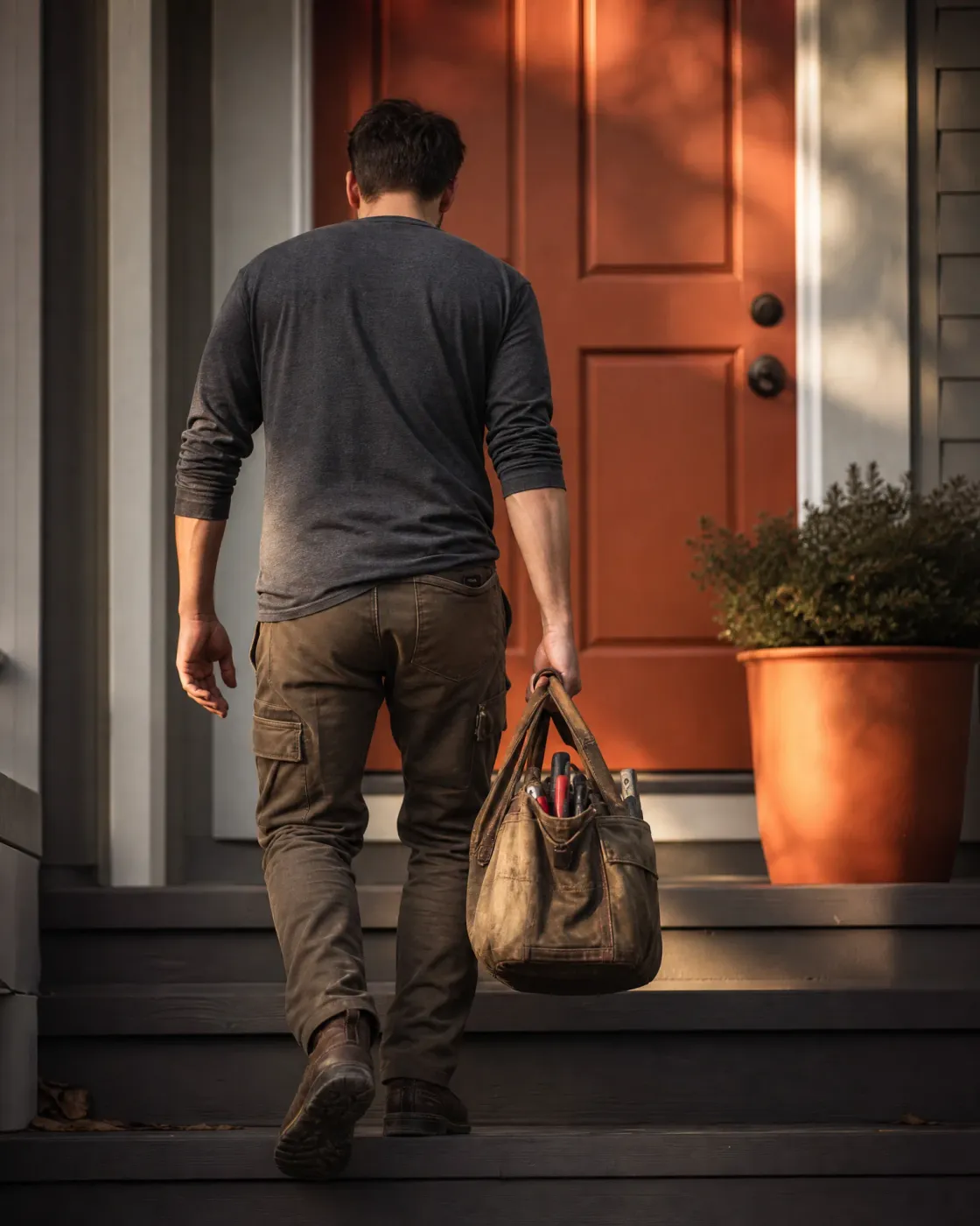 A man in a dark long-sleeved shirt and brown work pants carries a worn canvas tool bag up wooden porch steps toward a red-orange front door, with a potted shrub beside the entry.