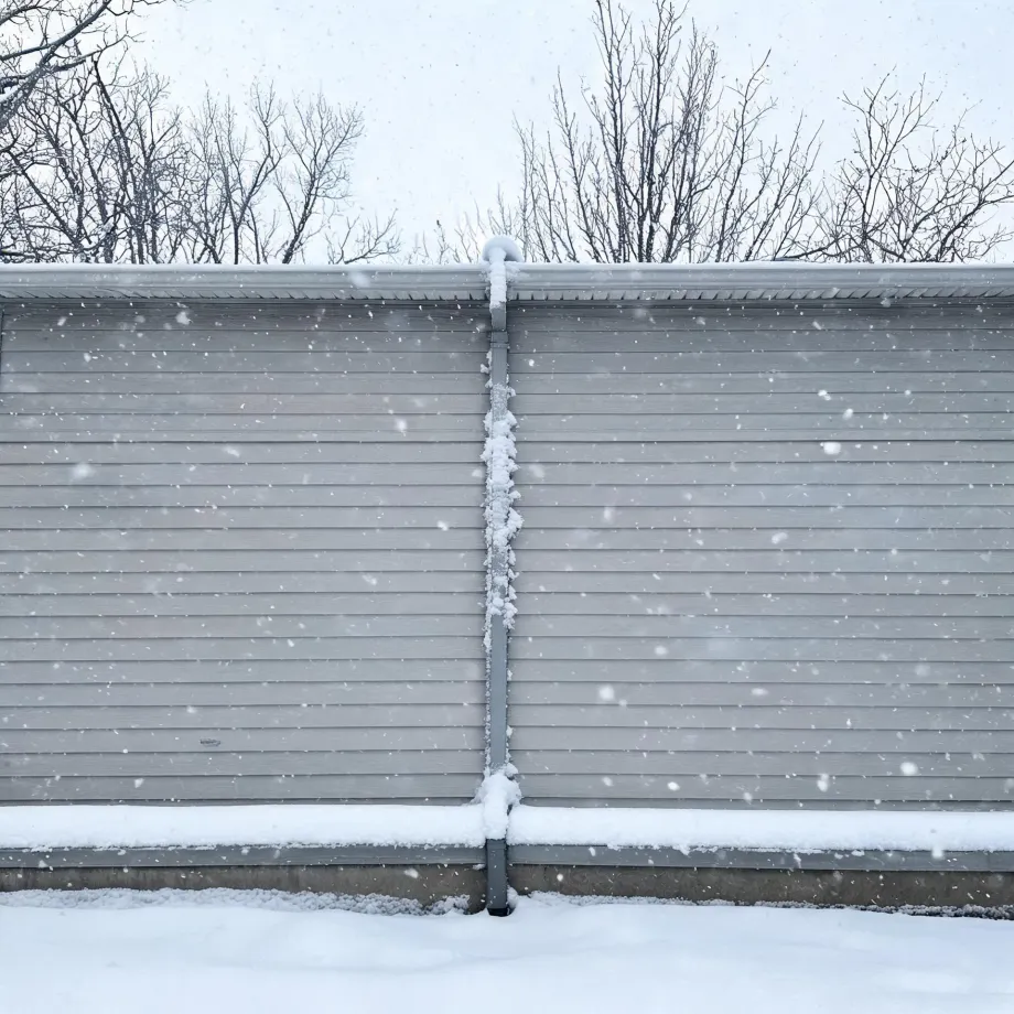 A gray horizontal-lap sided building wall with a central downspout partly coated in snow, bare trees behind the roofline, and snow falling and covering the ground.