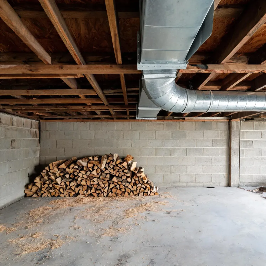 Unfinished basement with concrete block walls, exposed wood floor joists and galvanized metal ductwork overhead, and a stack of split firewood on a concrete floor scattered with sawdust.