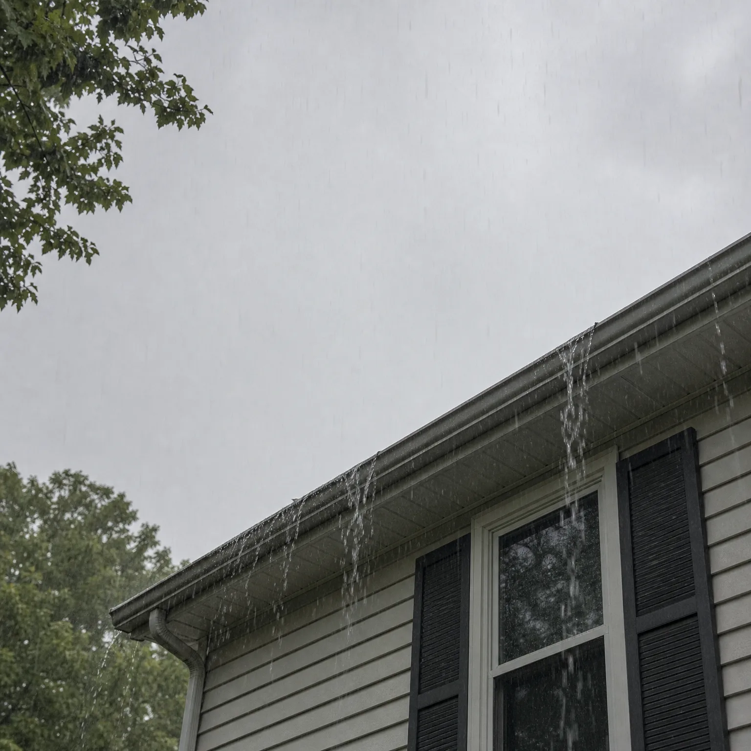 Rain overflows from the gutter along the roof edge of a house with pale horizontal siding, black window shutters and a downspout, seen from below against an overcast gray sky with green tree branches at the edges.