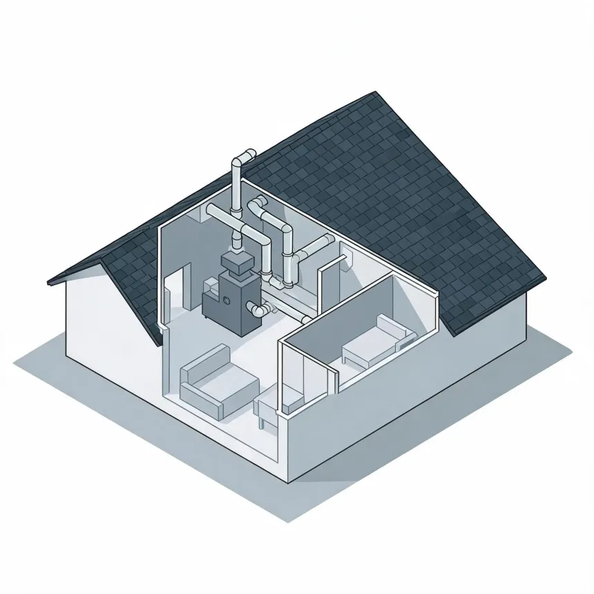 Isometric cutaway illustration of a single-story house with a dark shingled roof, showing interior rooms with furniture and a furnace connected to ductwork.