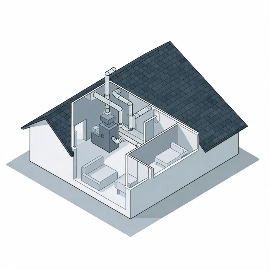 Isometric cutaway illustration of a single-story house with a dark shingled roof, showing interior rooms with furniture and a furnace connected to ductwork.