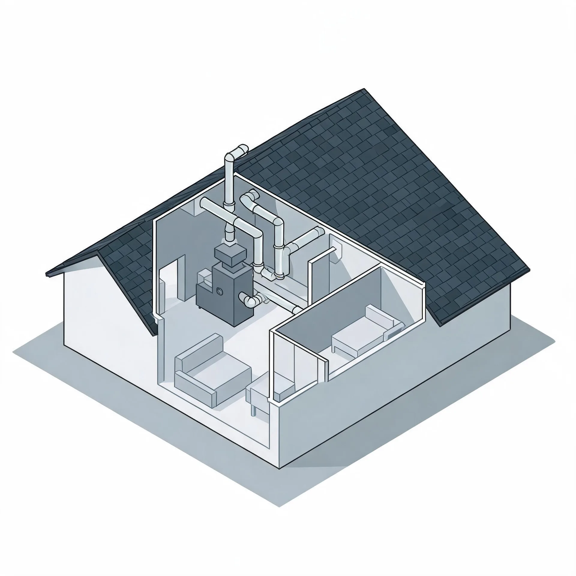 Isometric cutaway illustration of a single-story house with a dark shingled roof, showing interior rooms with furniture and a furnace connected to ductwork.
