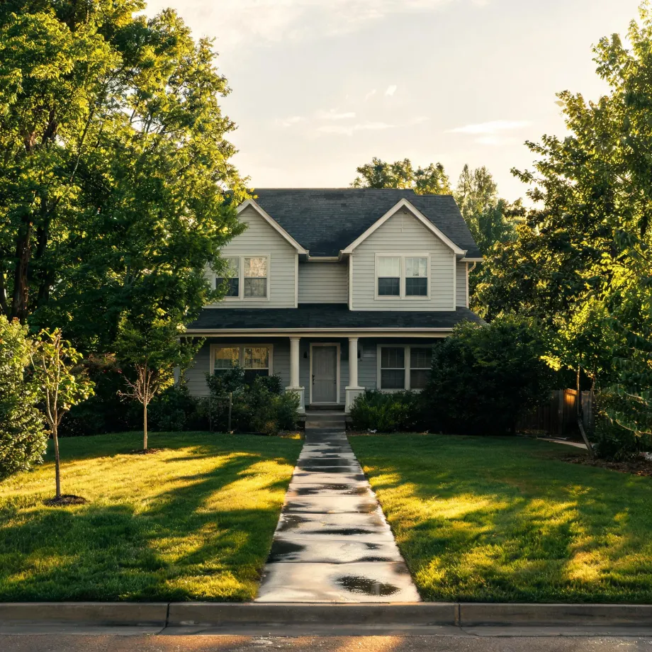 A two-story light-colored house with horizontal siding, two front gables and a small porch, seen from the street across a green lawn with a straight concrete walkway and leafy trees on both sides in low sunlight.