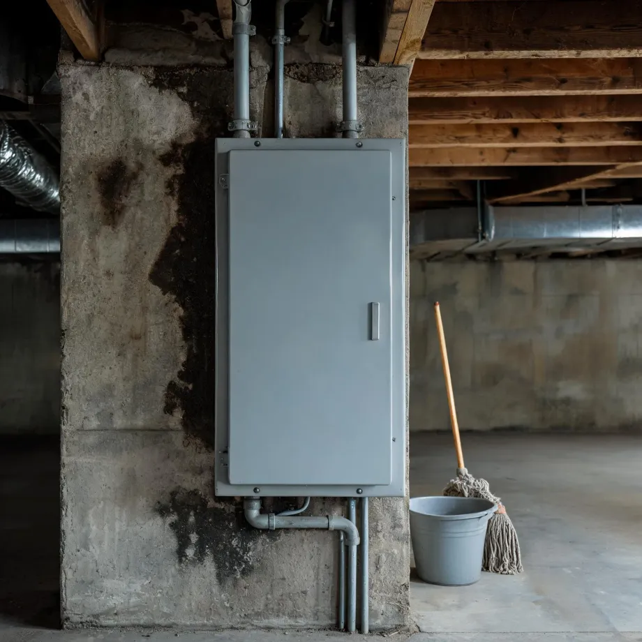 A gray metal electrical panel mounted on a stained concrete basement wall with conduit pipes running above and below it, wooden floor joists overhead, and a mop leaning against a plastic bucket on the floor to the right.