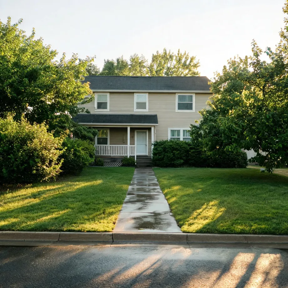 A two-story house with beige siding, a covered front porch and dark shingled roof, set behind a mown lawn with a wet concrete walkway leading from the street curb, flanked by large green trees and shrubs.