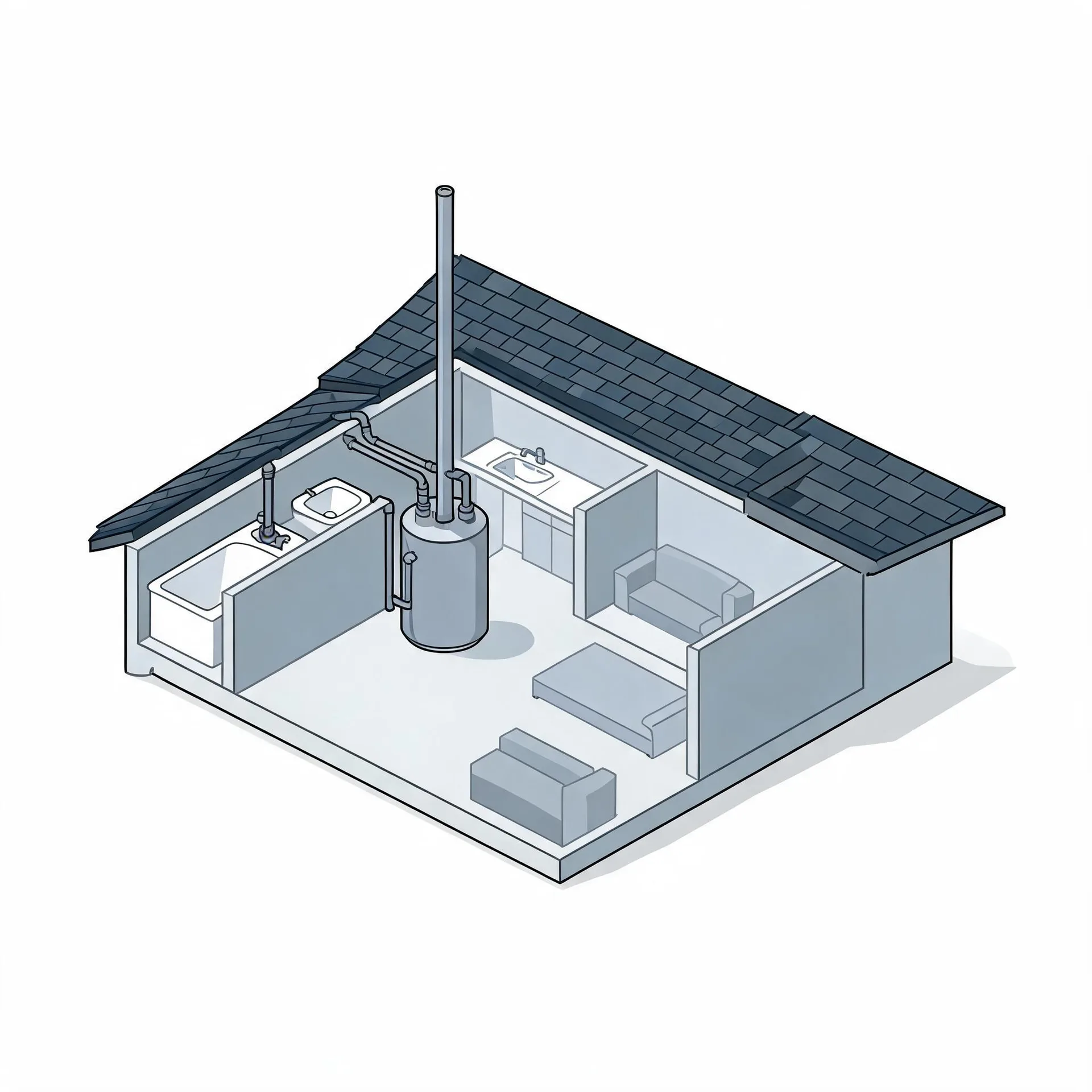 Isometric cutaway illustration of a house interior showing a cylindrical water heater with a tall vertical flue pipe, plus a bathroom with tub and sinks, kitchen counter, sofa and table.