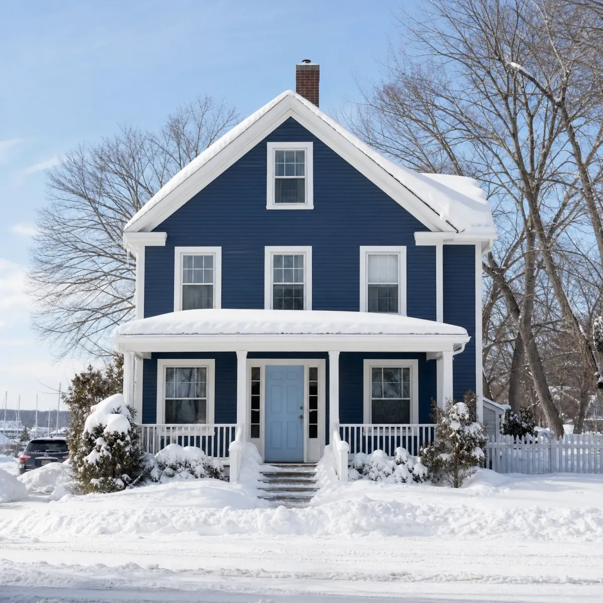 A two-story navy blue clapboard house with white trim, a covered front porch and light blue front door, surrounded by deep snow and bare trees under a clear sky.