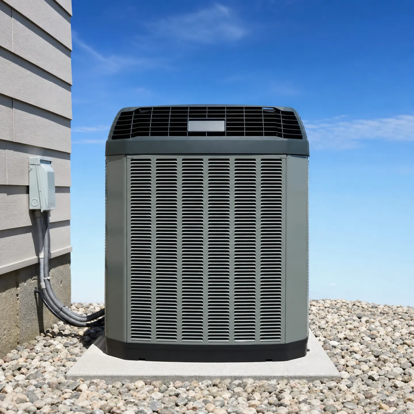 An outdoor air conditioning condenser unit mounted on a concrete pad beside a house, with electrical conduit running to a wall-mounted disconnect box.