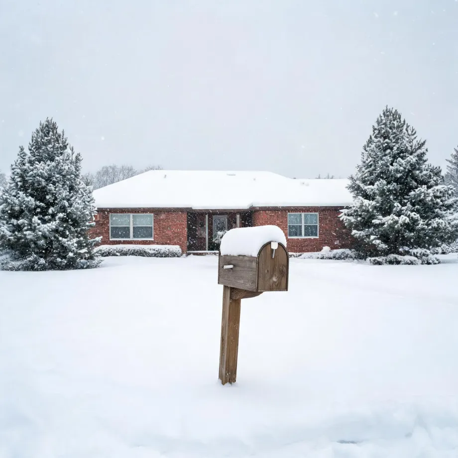 A wooden mailbox on a leaning post stands in deep snow in front of a single-story brick house with a snow-covered roof, flanked by snow-laden evergreen trees under a pale sky with falling snow.
