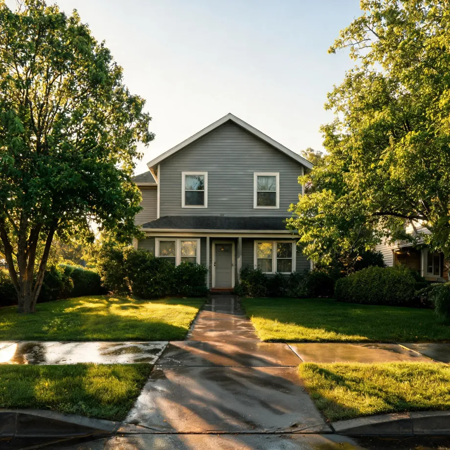 A two-story gray horizontal-sided house with white-trimmed windows and a light-colored front door, fronted by a wet concrete walkway, green lawn, trimmed shrubs and large leafy trees in low sunlight.