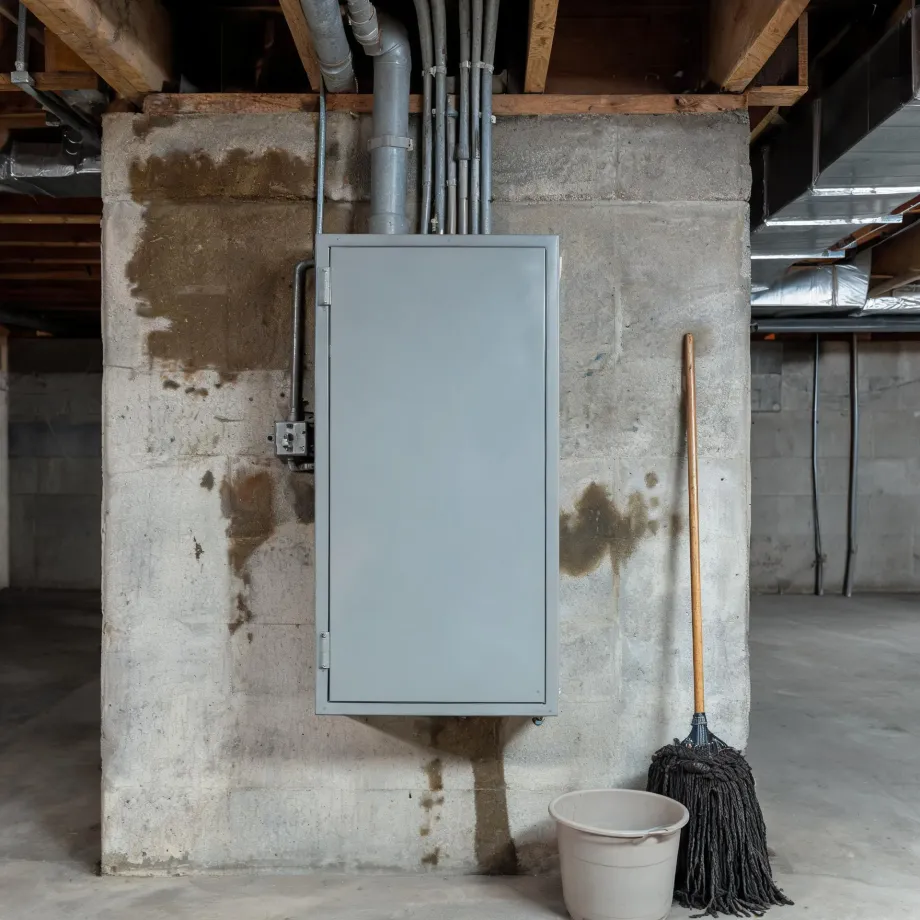 A gray metal electrical panel enclosure mounted on a stained concrete basement wall, with conduits and ductwork running along exposed wooden joists above, and a mop and plastic bucket on the floor to the right.