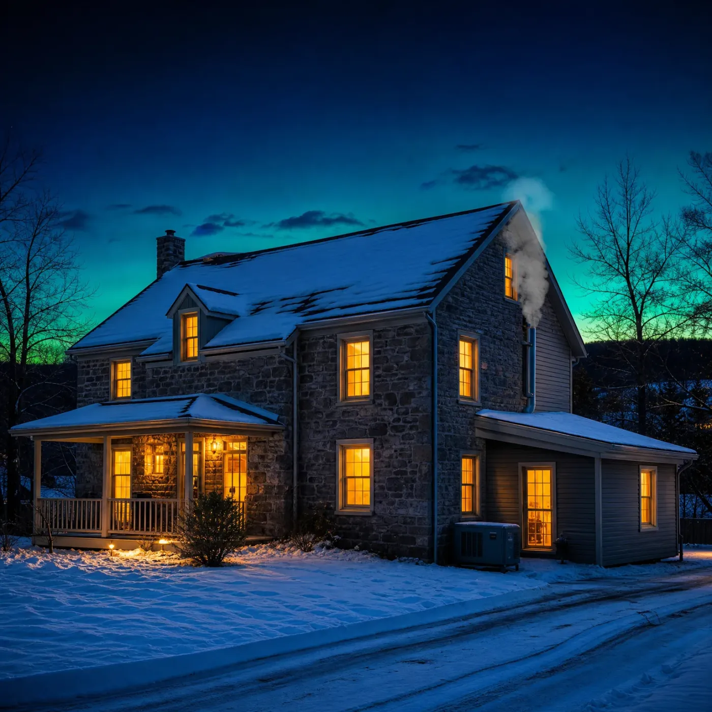 A two-story stone house with a snow-covered roof, lit windows, a covered porch, and a side addition with an outdoor condenser unit, set in snow at dusk under a teal and blue sky with smoke rising from a flue.
