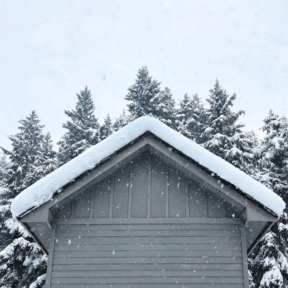 Gray wood-clad gable end of a building with a thick layer of snow on its roof, backed by snow-covered conifer trees under an overcast sky with falling snowflakes.