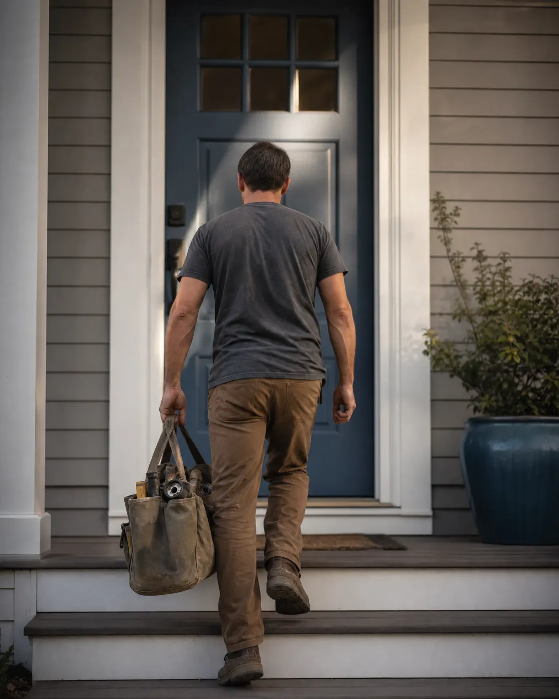 A man in a gray t-shirt and brown work pants carries a canvas tool bag up porch steps toward a blue front door of a house with gray siding.