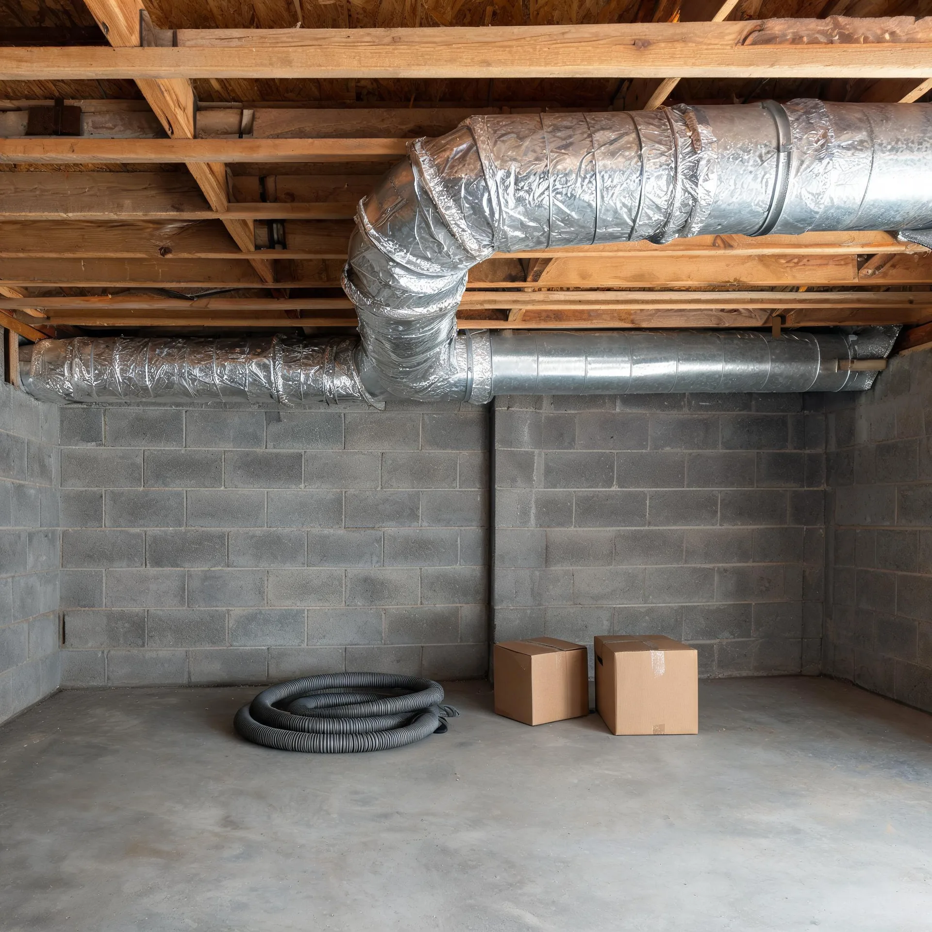 Unfinished basement with concrete block walls, a bare concrete floor, exposed wood floor joists, and insulated metal ductwork running along the ceiling, with two cardboard boxes and a coiled gray flexible hose on the floor.