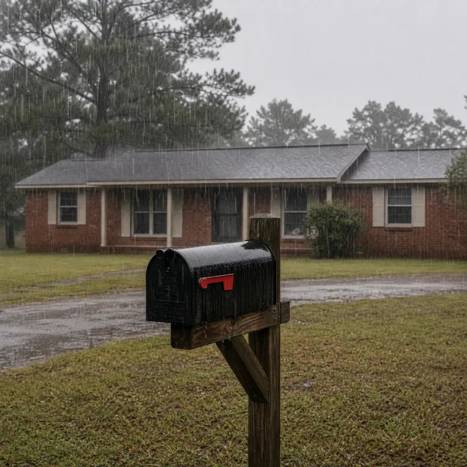 A black mailbox with a red flag on a wooden post in a grassy yard during heavy rain, with a single-story brick house and pine trees behind it.