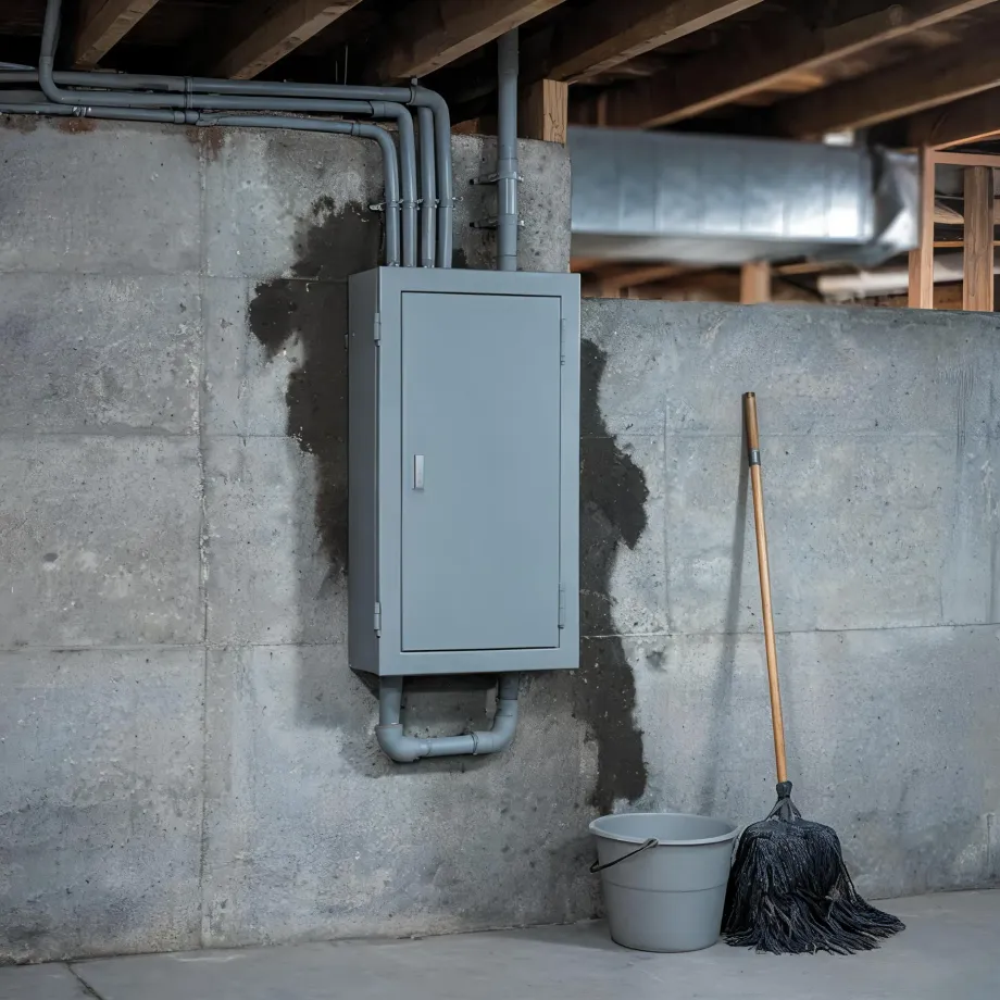 A gray metal electrical enclosure mounted on a damp-stained concrete basement wall with conduit pipes running to overhead joists and ductwork, and a mop and plastic bucket standing on the floor to the right.