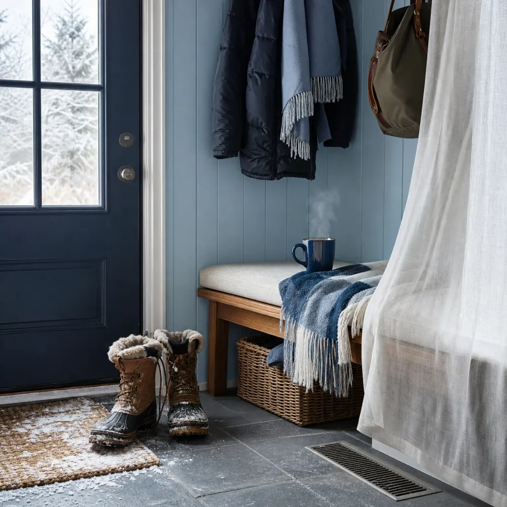 An entryway with a dark blue door and snowy trees visible through its window, a pair of fur-lined winter boots on a jute rug, a wooden bench with a cushion, blue fringed throw and steaming mug, a wicker basket beneath, coats and a bag on wall hooks, a sheer curtain at right and a floor vent in the slate tile.