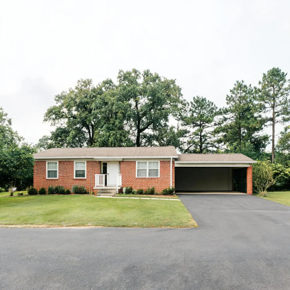 A single-story red brick ranch house with white trim, a small covered front stoop, an attached carport, and an asphalt driveway, surrounded by mown lawn and large deciduous and pine trees under an overcast sky.