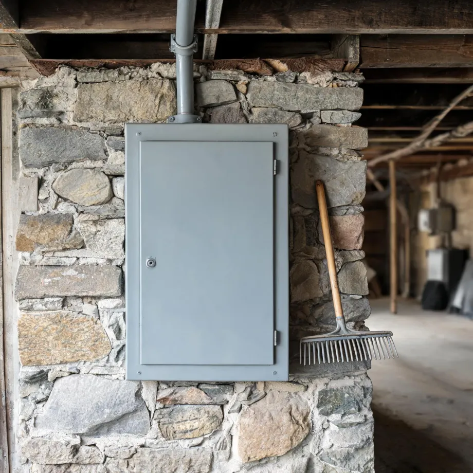A gray metal electrical panel box with conduit mounted on a stone wall under wooden beams, with a rake leaning against the wall to the right.