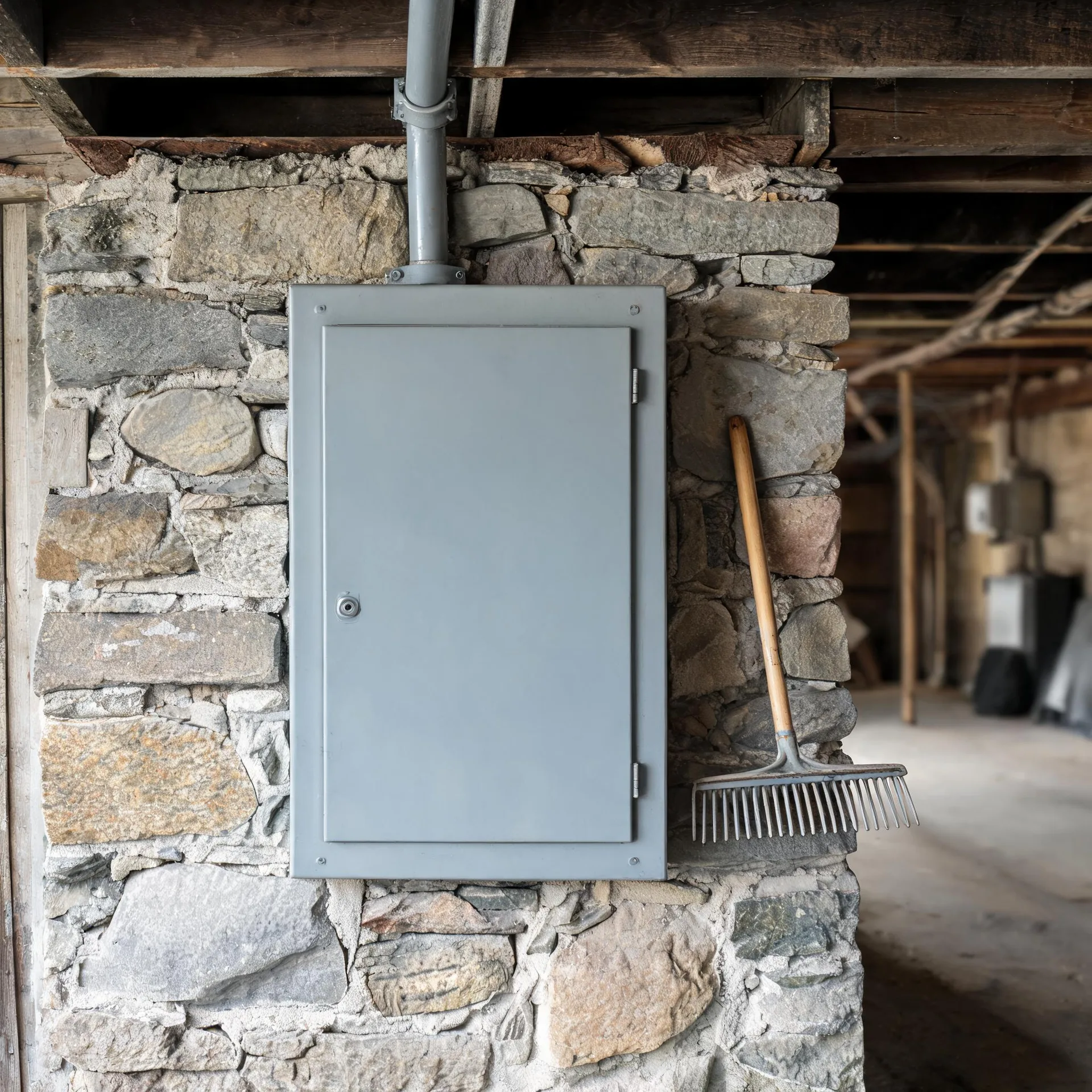 A gray metal electrical panel box with conduit mounted on a stone wall under wooden beams, with a rake leaning against the wall to the right.